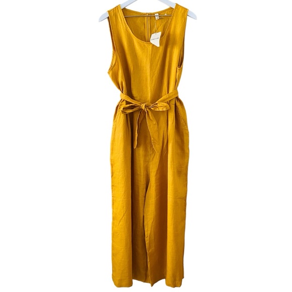 Grae Cove NWT 100% Linen Mustard Yellow Belted Cropped Jumpsuit Size L - Picture 3 of 11